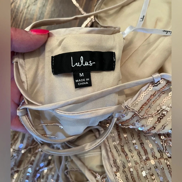 LULUS Endless Festivities Rose Gold Sequin Fringe Lace-Up Maxi Dress Formal Gown - Picture 12 of 13